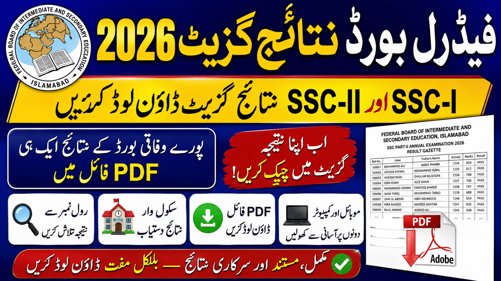 FBISE Result Gazette 2026 SSC I & II Federal Board Download PDF