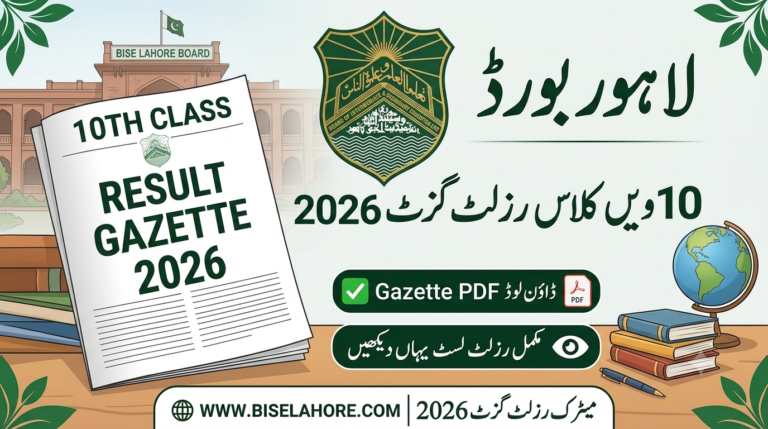 BISE Lahore 10th Class Result Gazette 2026 www.biselahore.com